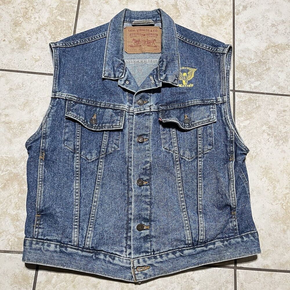 VTG 90's Levis Denim Trucker Vest Mens Size Large Blue Knights Texas USA 70595